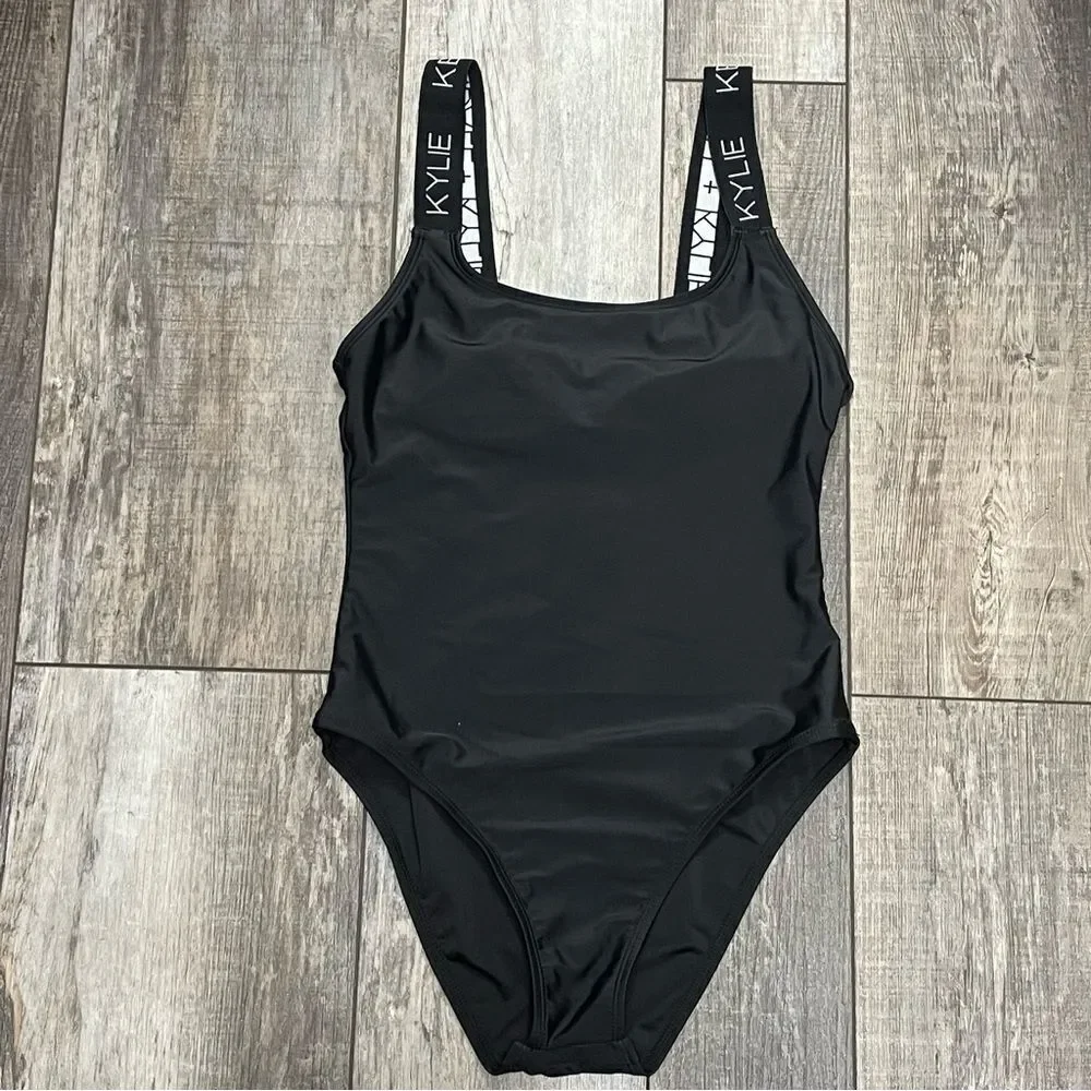 Kendall & Kylie One-Piece Swimsuit Black With Logo Brand on White Band Straps M